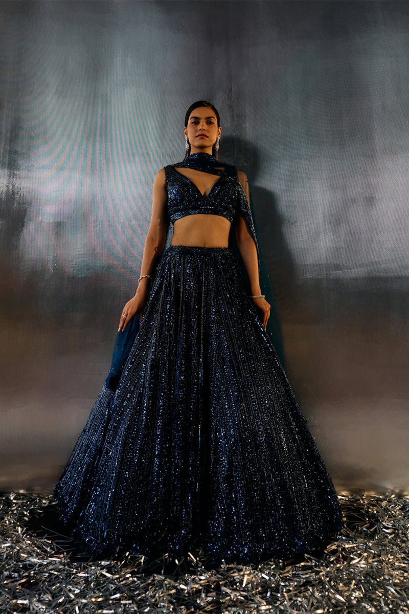 Electric Blue Net Lehenga Set