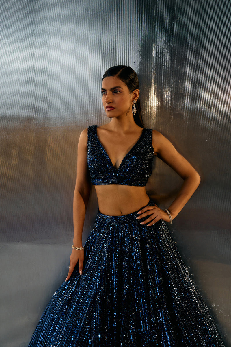 Electric Blue Net Lehenga Set