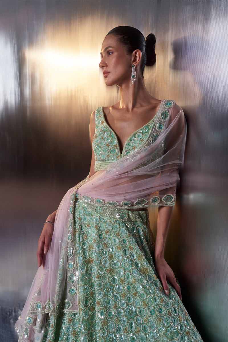 Sea Green Organza Lehenga Set