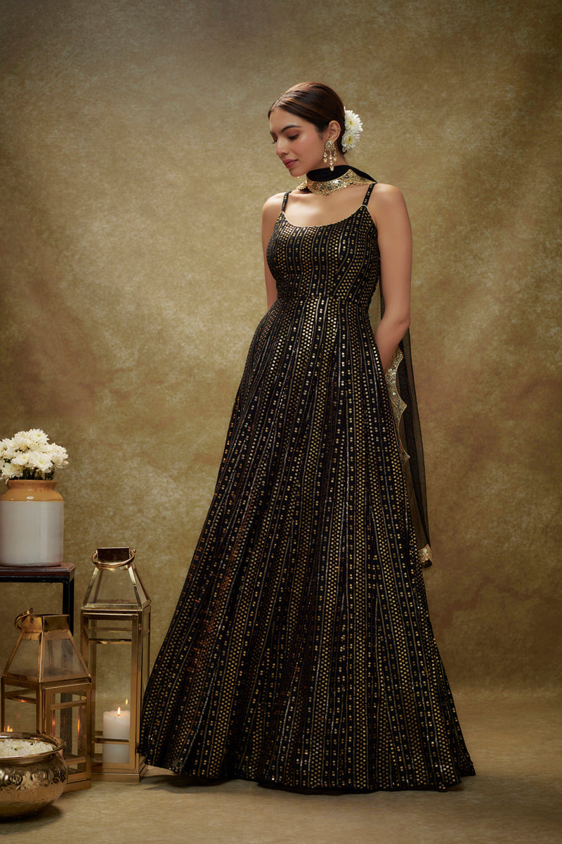 Black & Gold Sequin Anarkali Gown