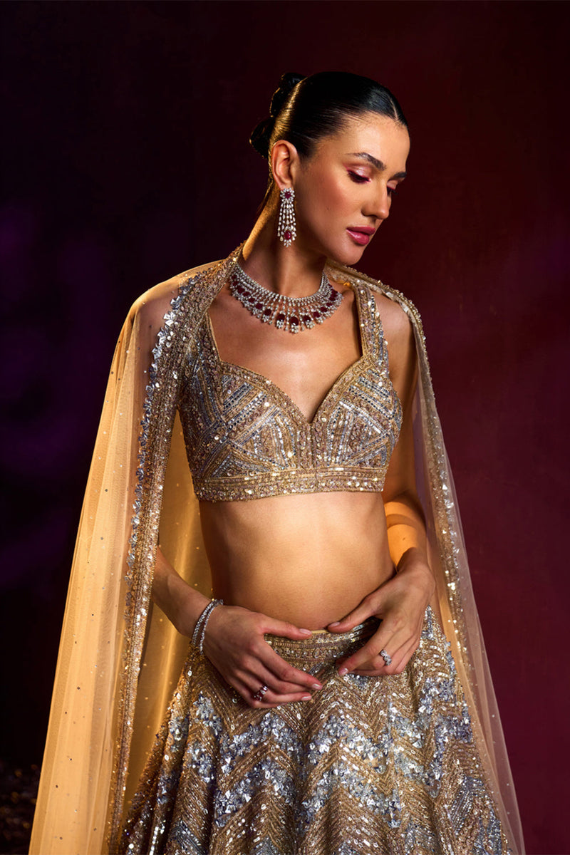 Gold Net Lehenga Set