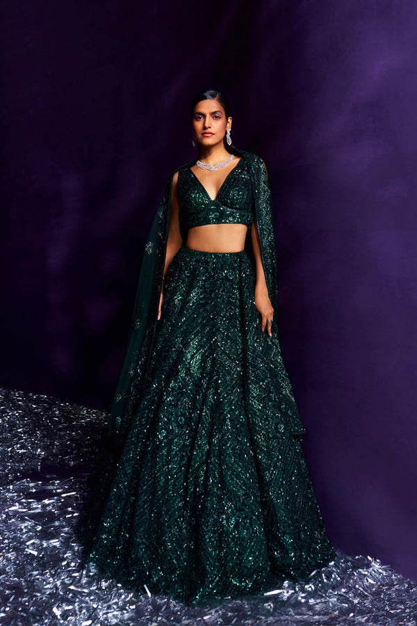 Emerald Green Net Lehenga Set