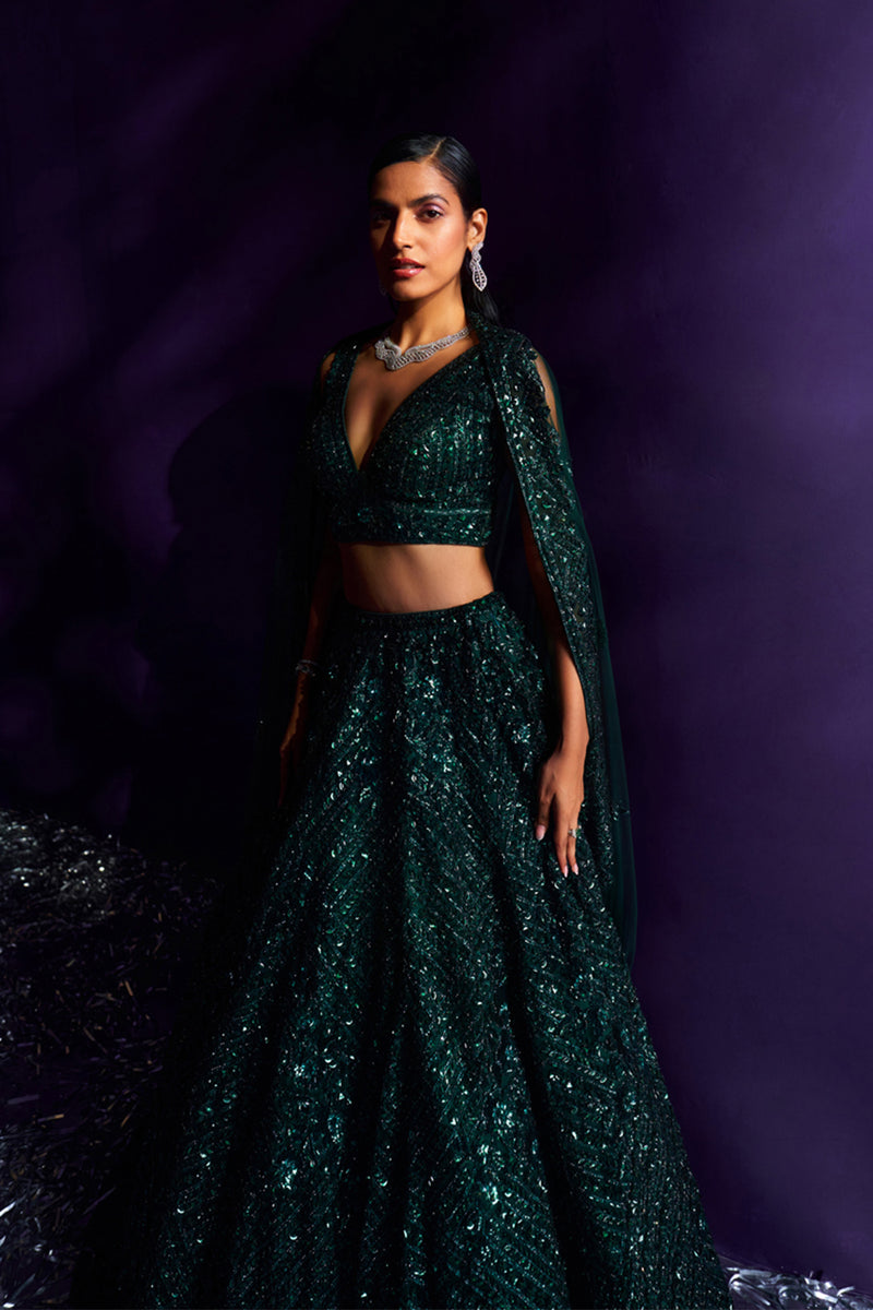 Emerald Green Net Lehenga Set