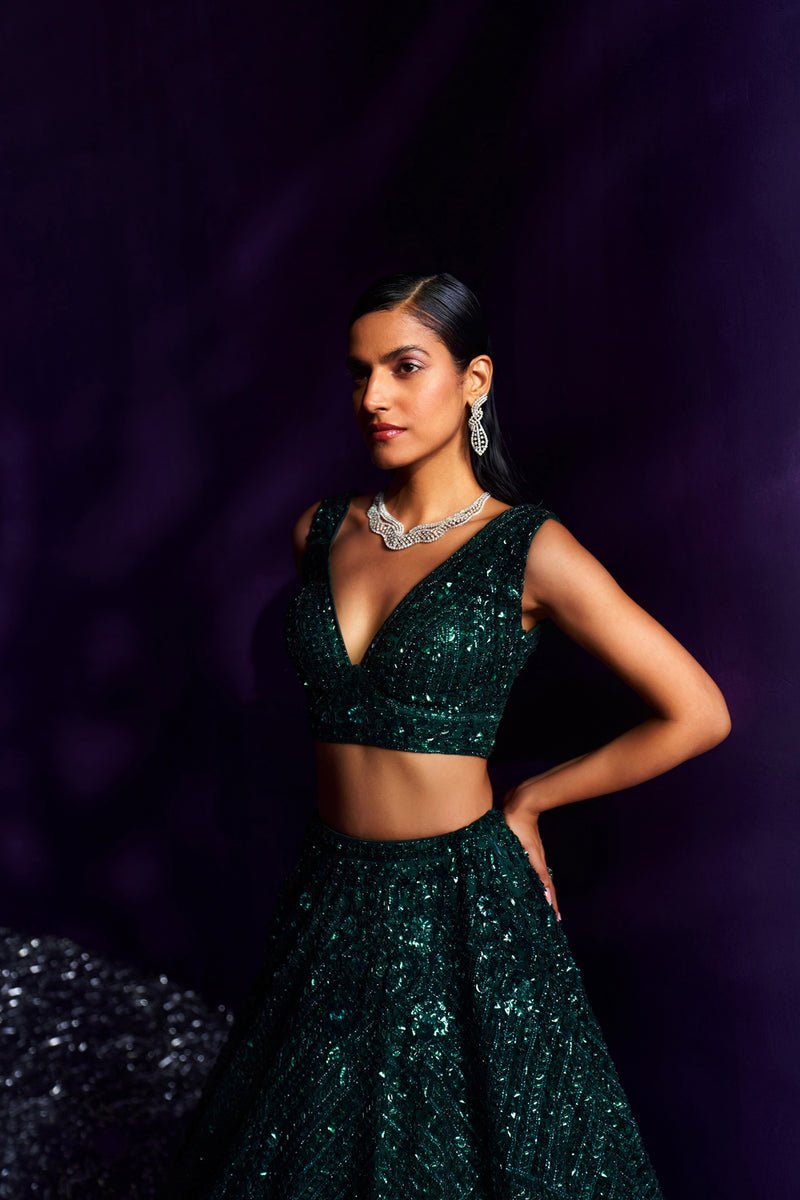 Emerald Green Net Lehenga Set