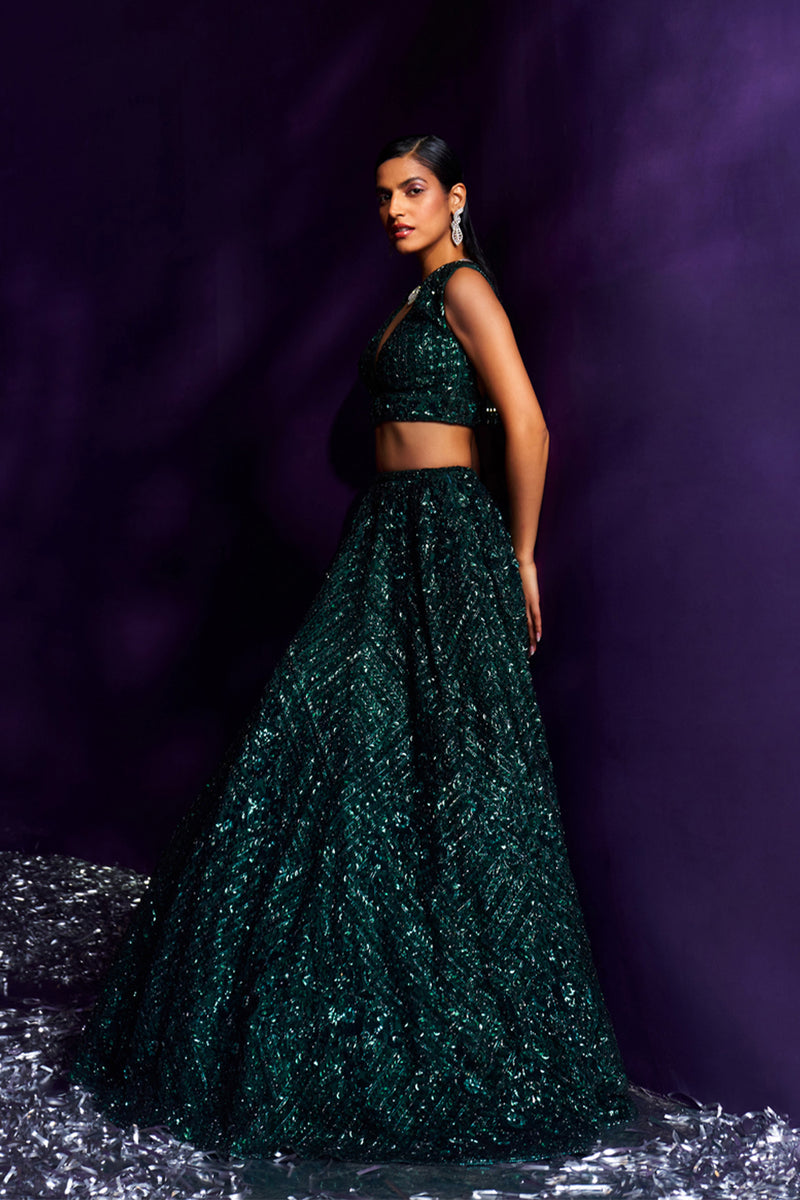 Emerald Green Net Lehenga Set