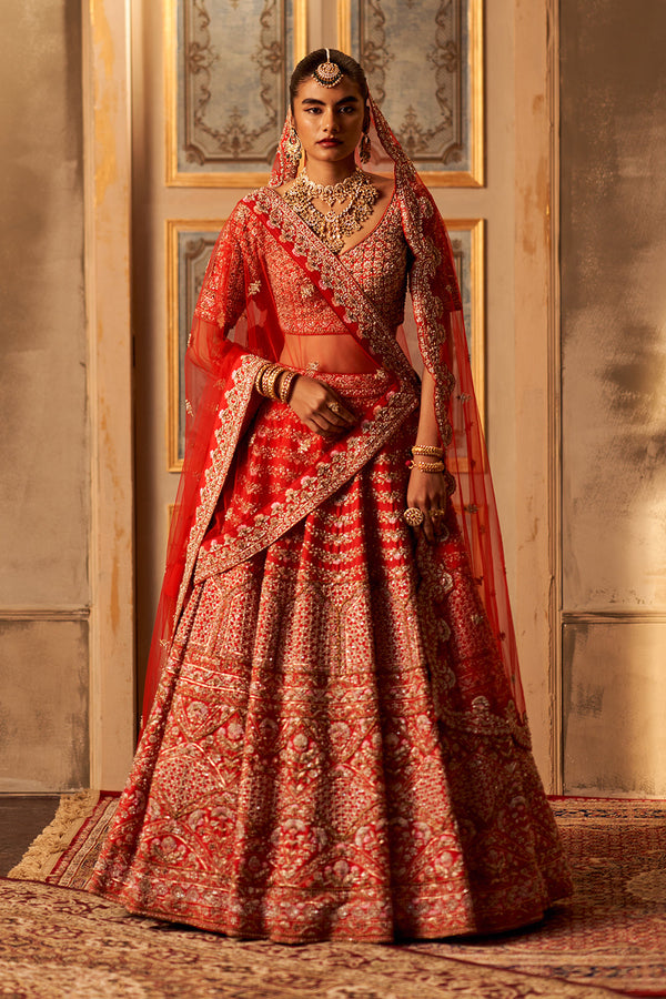 Red Raw Silk Double Dupatta Lehenga Set