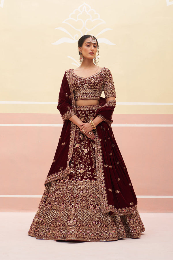 Maroon Velvet Lehenga Set