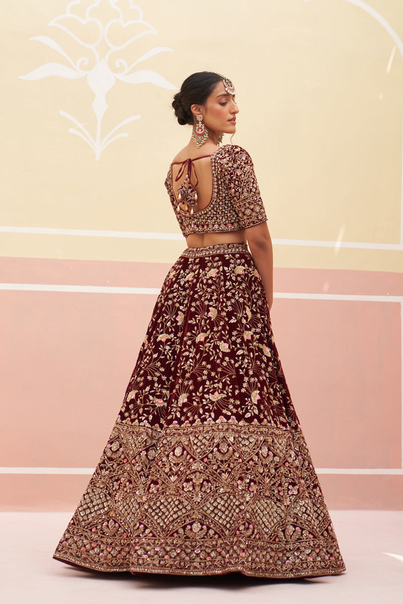 Maroon Velvet Lehenga Set