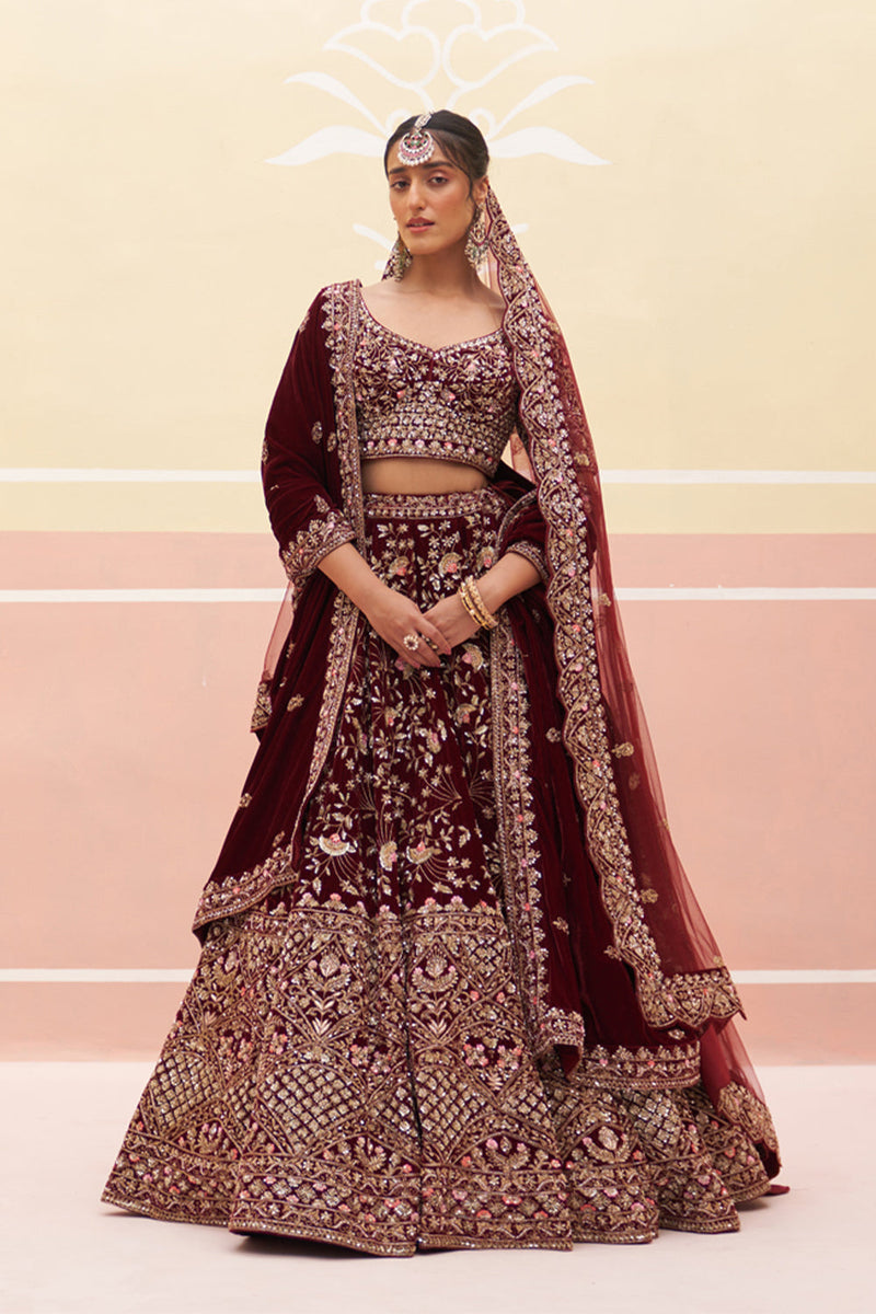 Maroon Velvet Lehenga Set