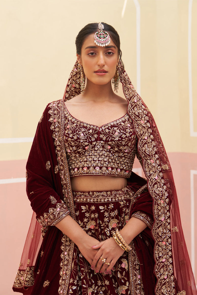 Maroon Velvet Lehenga Set