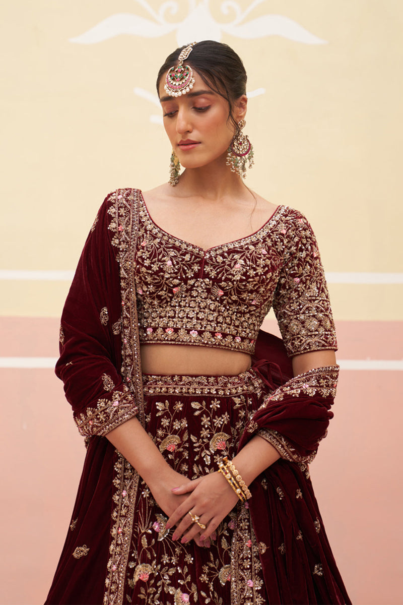 Maroon Velvet Lehenga Set