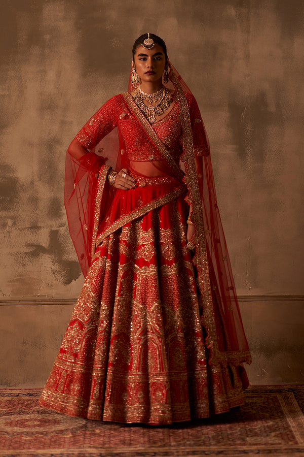 Red Raw Silk Double Dupatta Lehenga Set