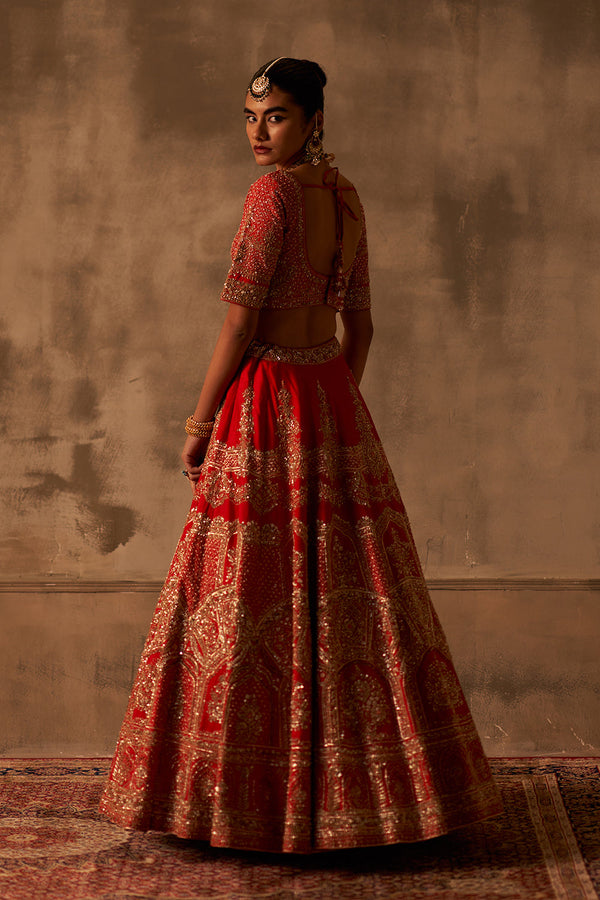 Red Raw Silk Double Dupatta Lehenga Set