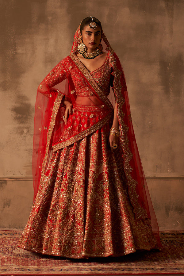 Red Raw Silk Double Dupatta Lehenga Set