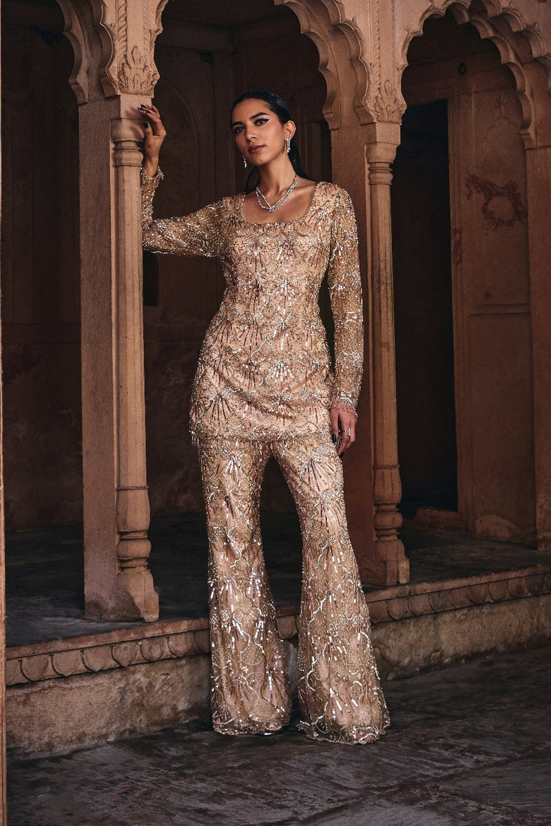 Champagne Gold  Embroidered Kurti Set