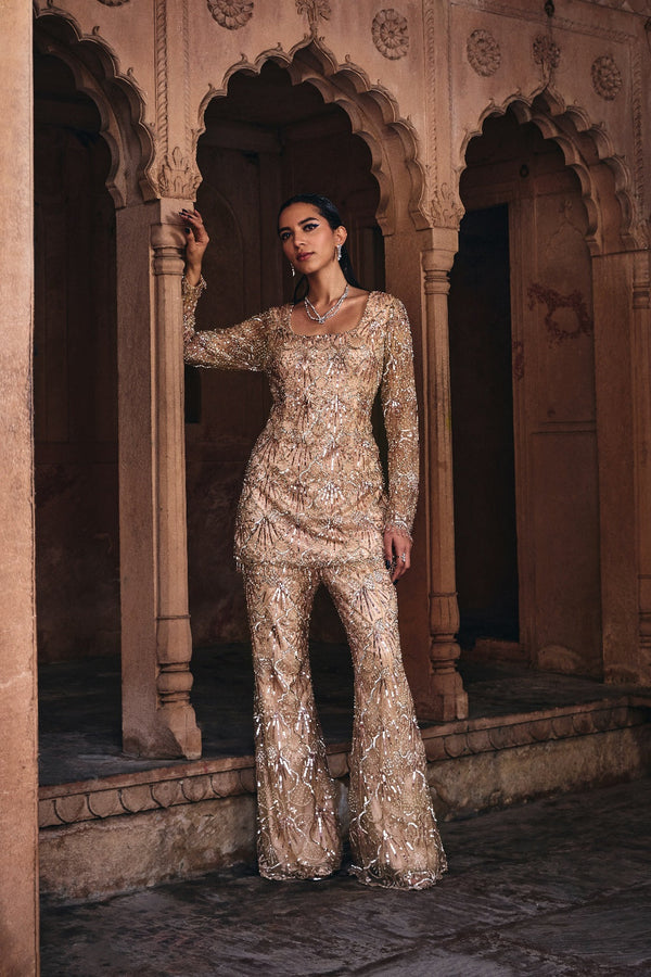 Champagne Gold  Embroidered Kurti Set