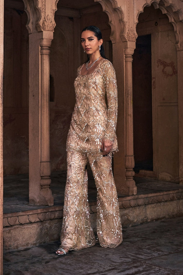 Champagne Gold  Embroidered Kurti Set