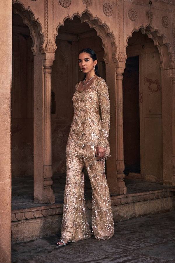 Champagne Gold  Embroidered Kurti Set