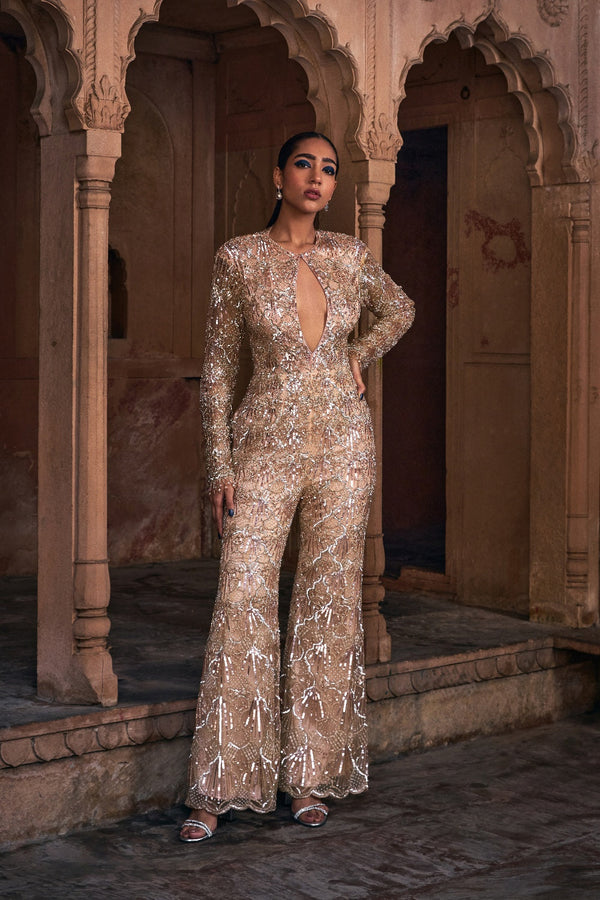 Champagne Gold Full Embroidered Jumpsuit