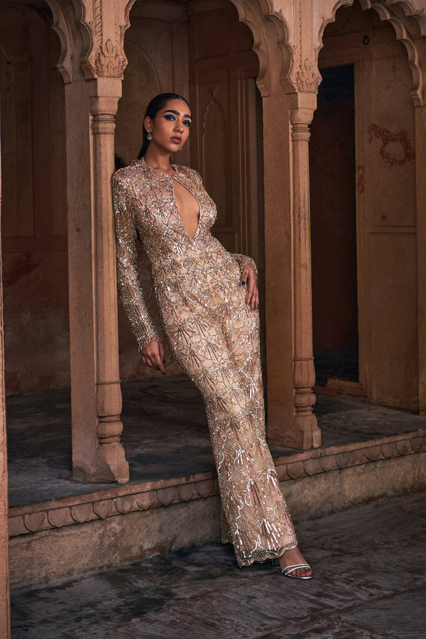 Champagne Gold Full Embroidered Jumpsuit