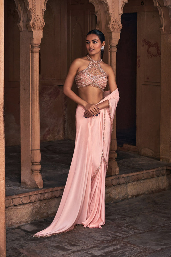 Champagne Gold Embroidered Saree Set