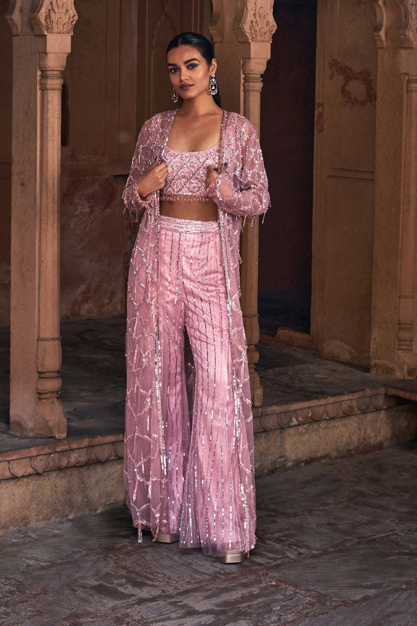 Onion Pink Full Embroidered Long Jacket Crop Top Set