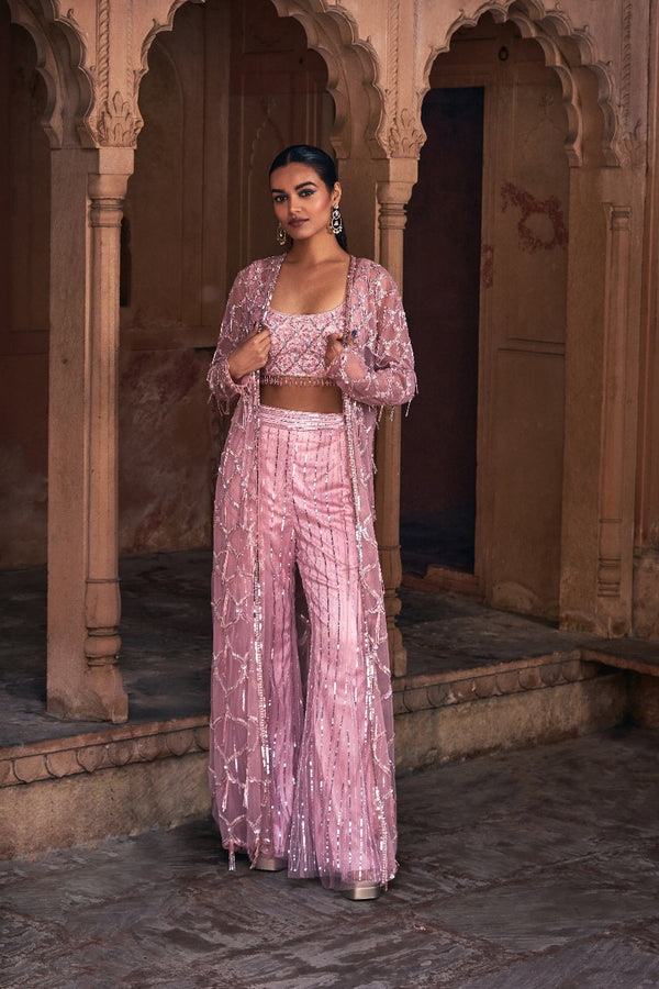 Onion Pink Full Embroidered Long Jacket Crop Top Set