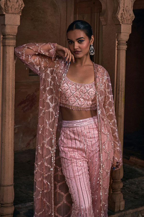 Onion Pink Full Embroidered Long Jacket Crop Top Set