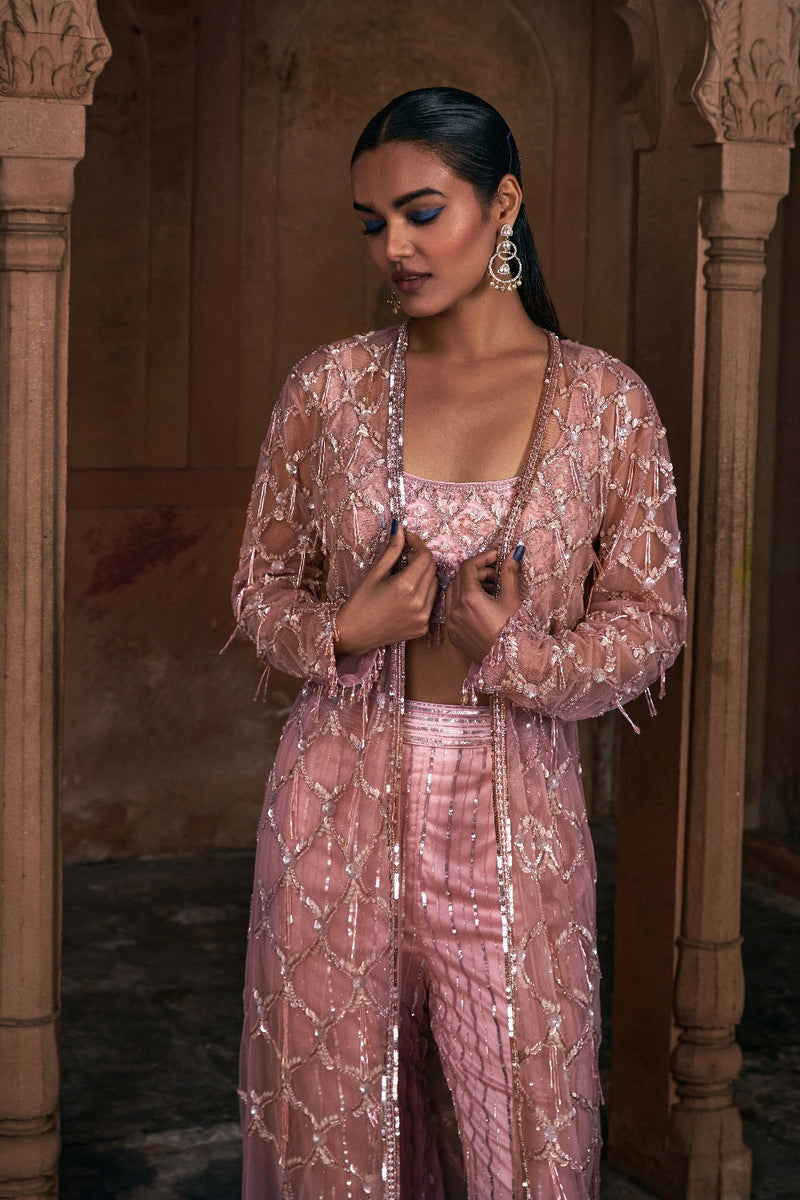 Onion Pink Full Embroidered Long Jacket Crop Top Set