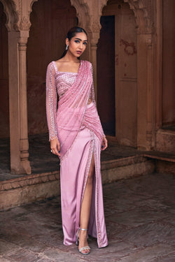 Onion Pink Embroidered Saree Set