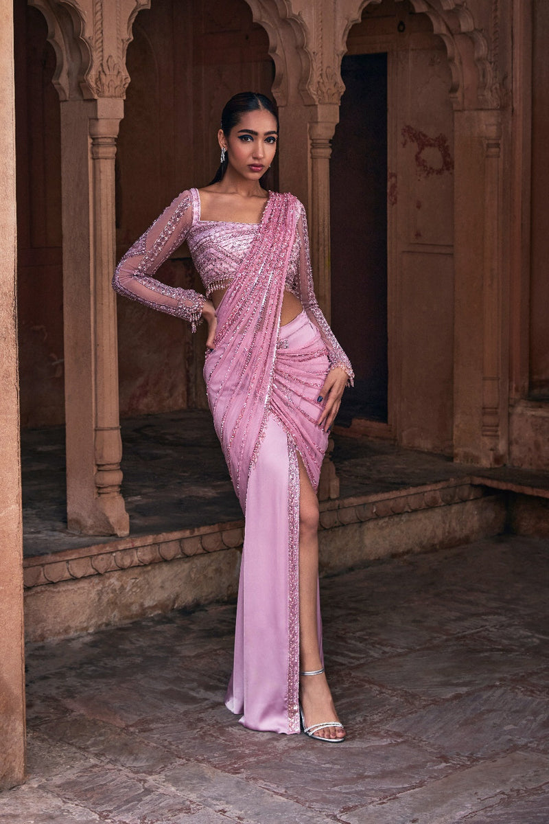 Onion Pink Embroidered Saree Set