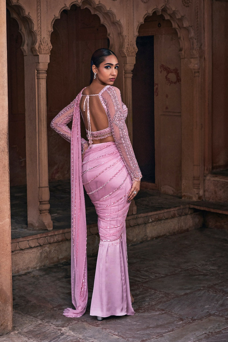 Onion Pink Embroidered Saree Set