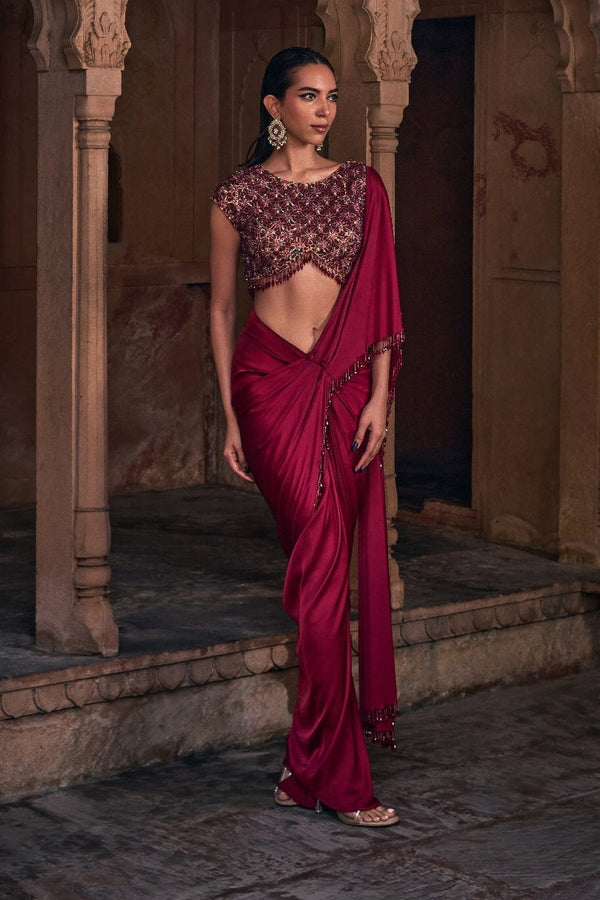 Maroon Embroidered Saree Set