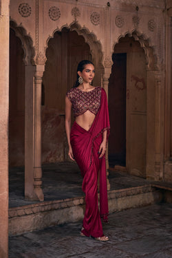 Maroon Embroidered Saree Set