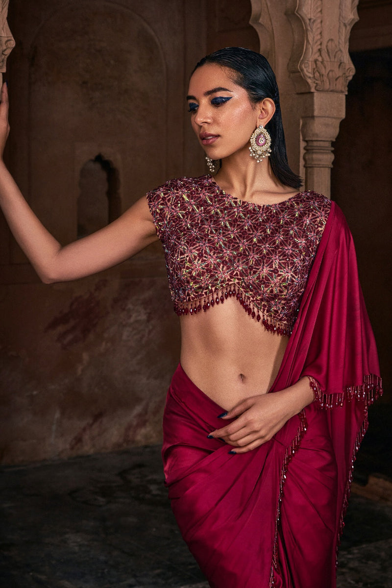 Maroon Embroidered Saree Set