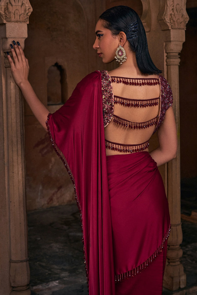 Maroon Embroidered Saree Set