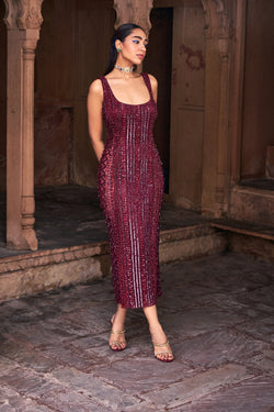 Maroon Red Embroidered Sheath Dress