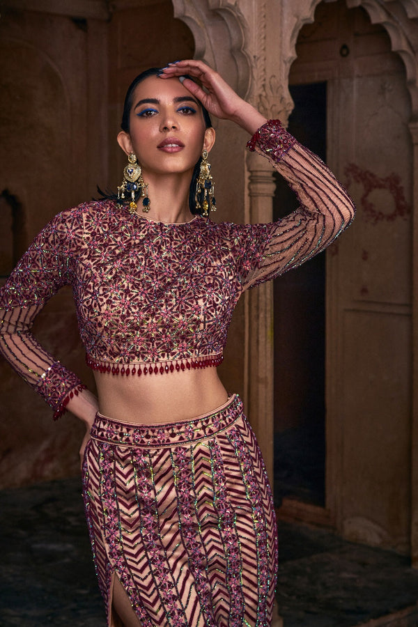 Maroon Embroidered Crop Top Skirt Set