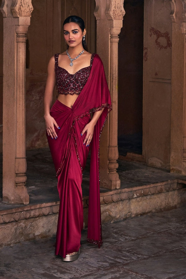 Maroon Embroidered Saree Set