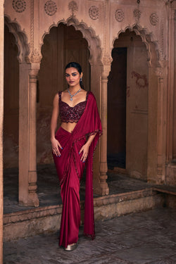 Maroon Embroidered Saree Set