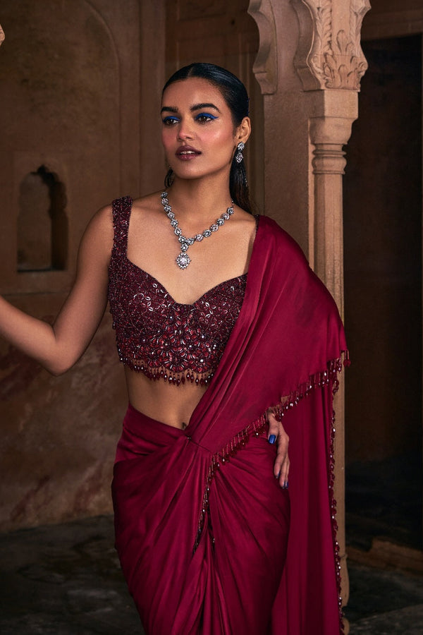 Maroon Embroidered Saree Set