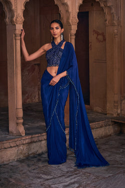 Dark Blue Embroidered Saree Set