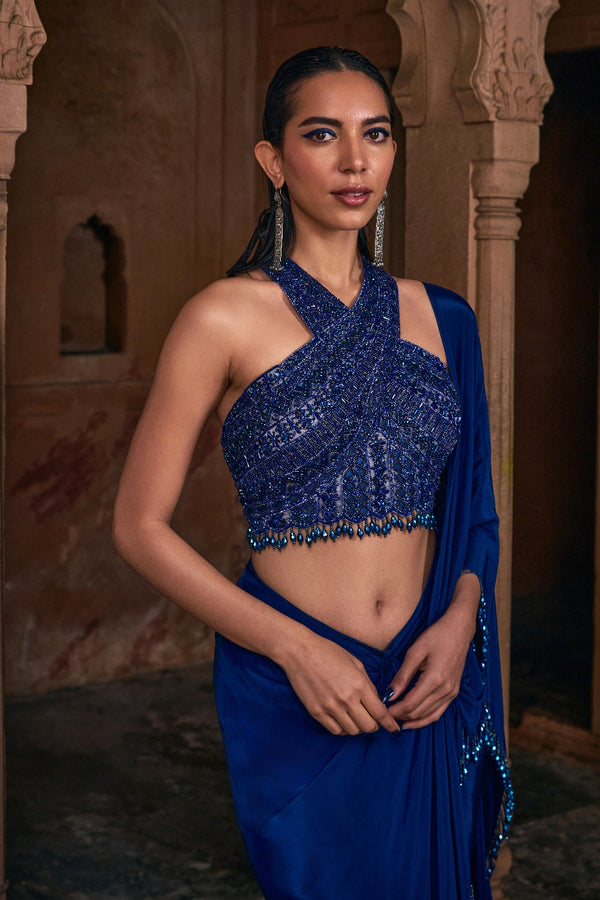 Dark Blue Embroidered Saree Set