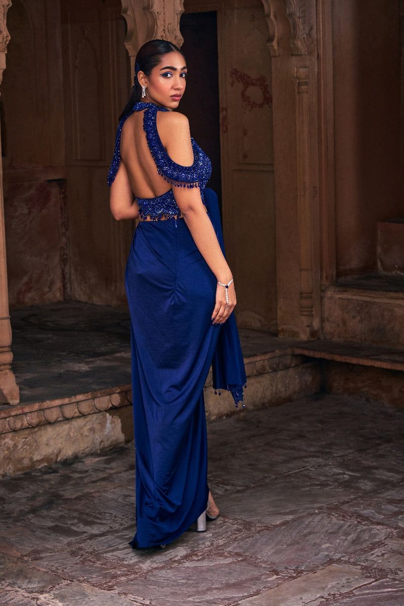 Dark Blue Embroidered Saree Set