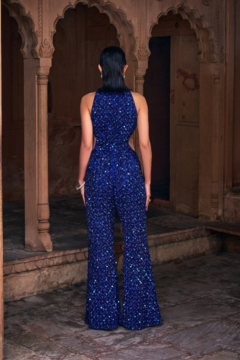 Dark Blue Detailed Embroidered Jumpsuit