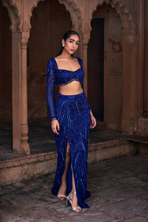 Electric Blue Embroidered Crop Top Skirt Set