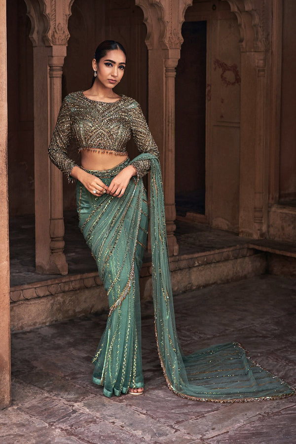 Sage Green Embroidered Saree Set