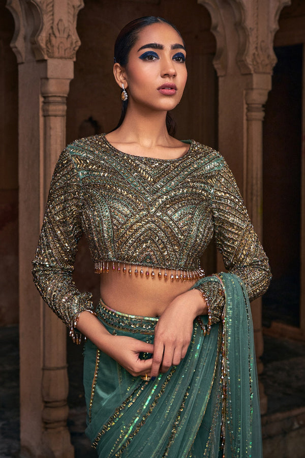 Sage Green Embroidered Saree Set