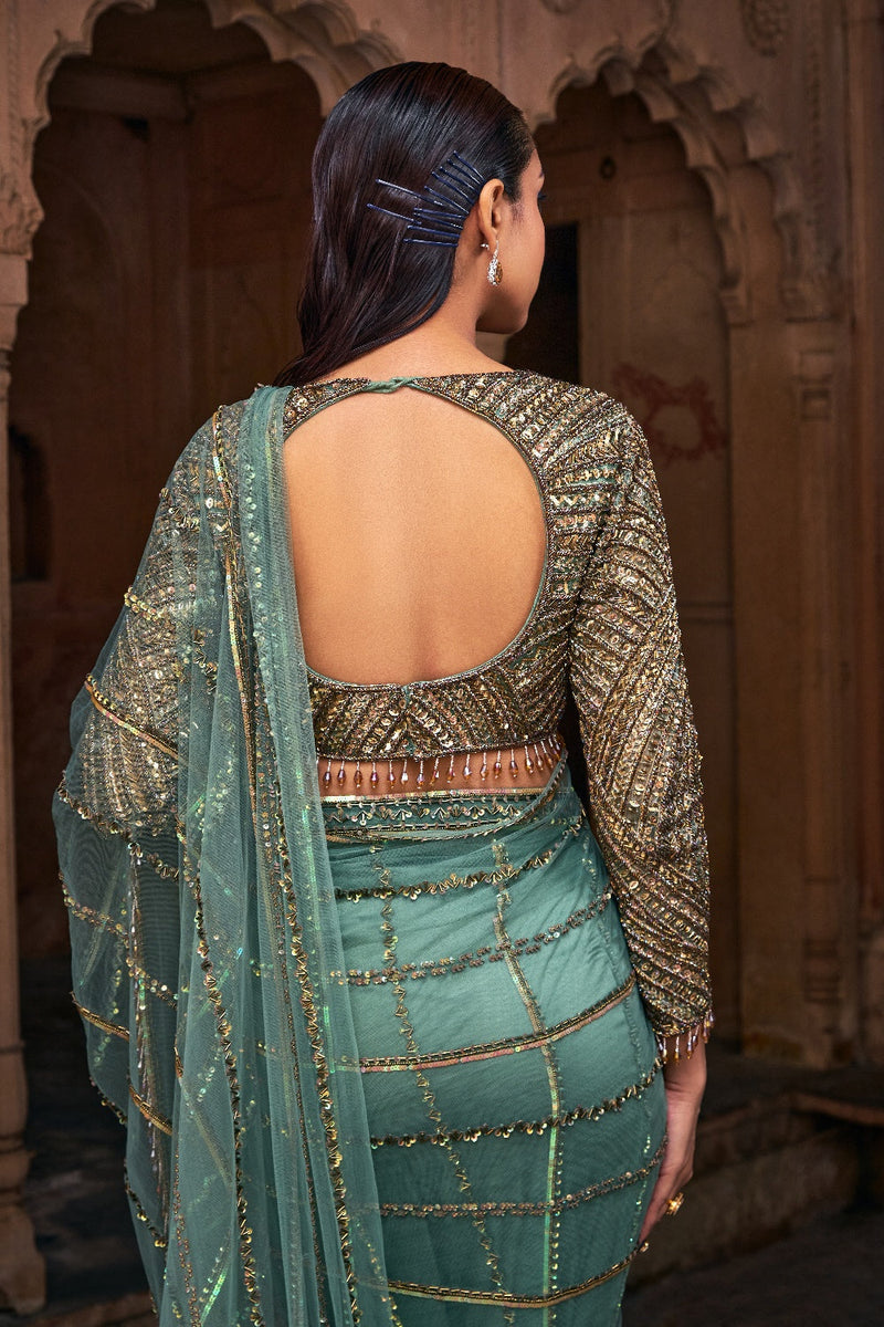 Sage Green Embroidered Saree Set