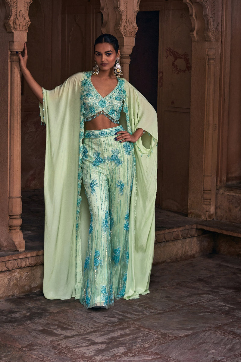 Mint Green Full Embroidered Cape Set